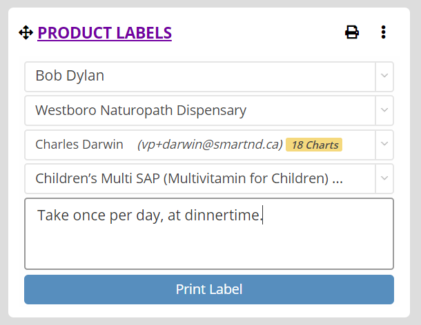 Shows what the product label dashboard card looks like.  
